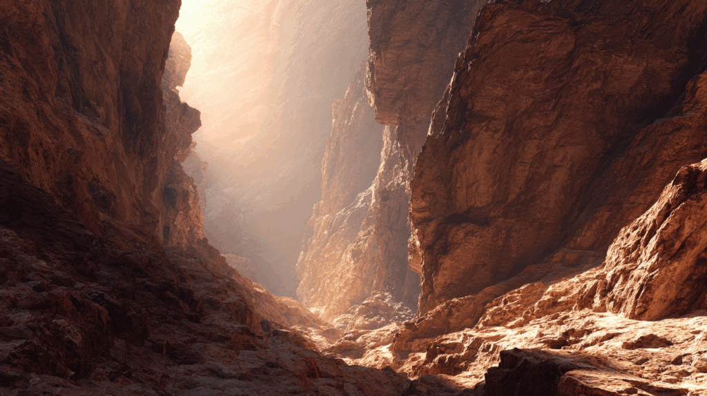 A rugged canyon with steep, reddish-brown rock walls illuminated by soft, warm sunlight. The scene shows the rocky floor leading into a narrow passage between tall cliffs.