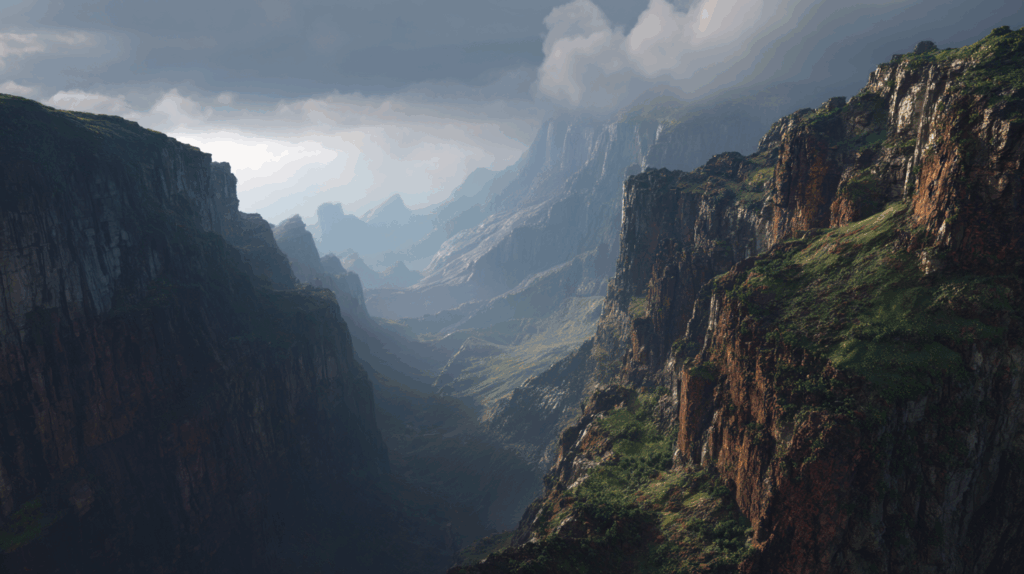 A deep, narrow mountain canyon with steep rocky walls and lush green vegetation, illuminated by soft sunlight filtering through the mist above.