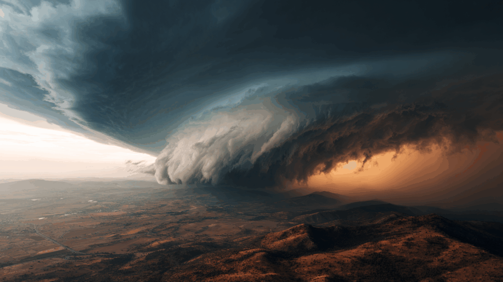 A Cyclone forming in a dark, stormy sky with heavy clouds and some light breaking through.