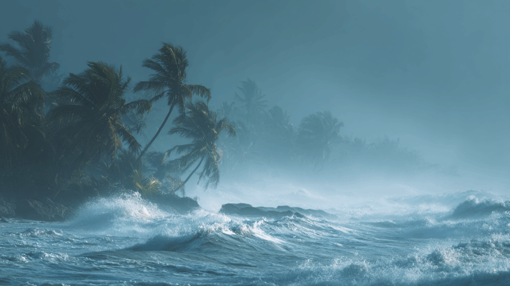 A tropical beach scene with palm trees along the shoreline and waves crashing onto the rocks, with a misty or foggy atmosphere.