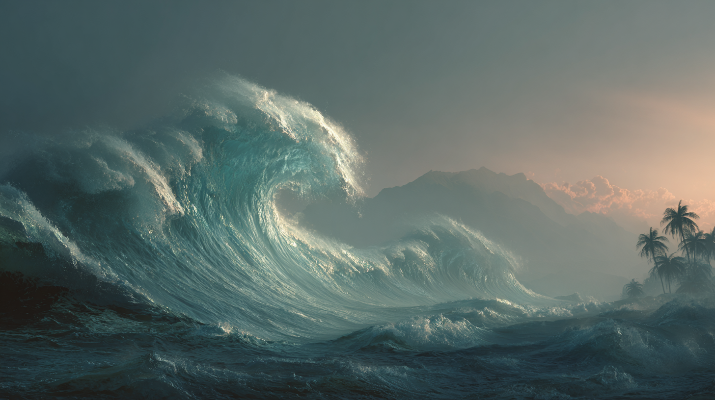 A large ocean wave is about to break, with mountains and palm trees visible in the background during sunset or sunrise.